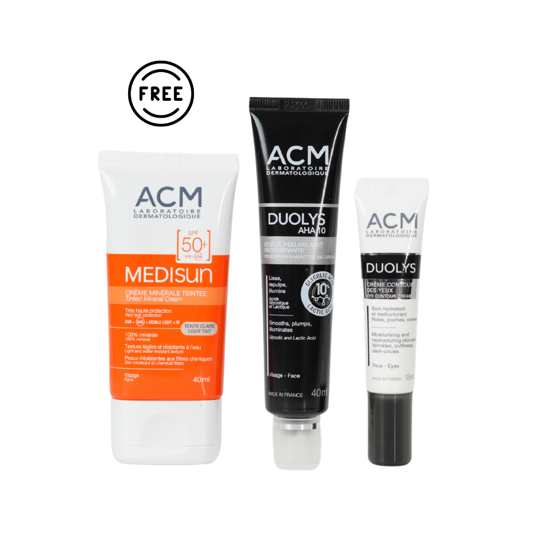 Duolys AHA 10 Regenerating Night Peeling Cream+ Duolys Eye Contour+ Free ACM Medisun Tinted Mineral SunscreenSPF 50